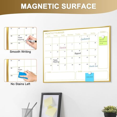 Dry Erase Calendar Whiteboard for Wall, 24'' x 18'' Monthly White Board Planner with Gold Frame, Magetic Hanging Wipe Board for Home Office School Dorm in Kuwait