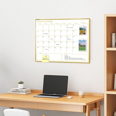 Dry Erase Calendar Whiteboard for Wall, 24'' x 18'' Monthly White Board Planner with Gold Frame, Magetic Hanging Wipe Board for Home Office School Dorm in Kuwait
