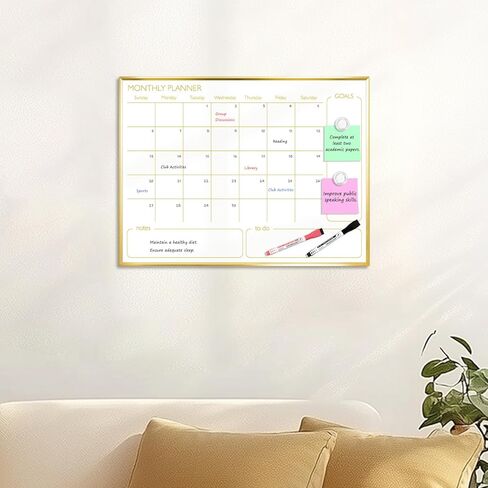 Dry Erase Calendar Whiteboard for Wall, 24'' x 18'' Monthly White Board Planner with Gold Frame, Magetic Hanging Wipe Board for Home Office School Dorm in Kuwait