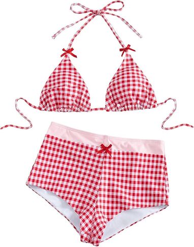 Floerns Women's 2 Piece Gingham Bikini Sets Halter Tops with Boyshorts Bathing Suit in Saudi Arabia