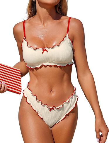 ZAFUL Womens Bikini Set 2 Piece Swimsuit Bandeau Top Cute Plaid Ruffled Bow Decor Cheeky Bathing Suits in Saudi Arabia
