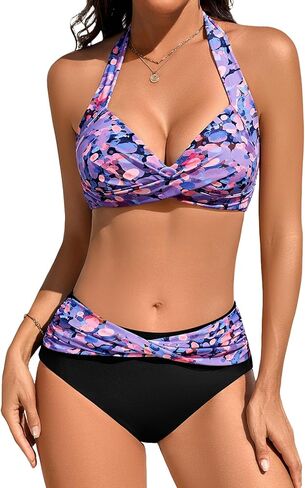 Women's 2 Piece Swimsuit Bikini Swimwear Tummy Control Halter Neck Two Piece Bathing Suit for Pool Beach in Saudi Arabia