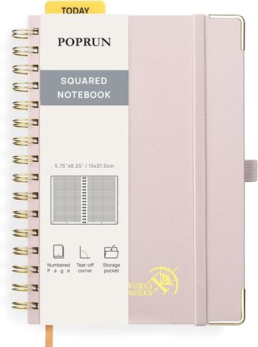 POPRUN Graph Paper Spiral Journal Notebook, [A5-5.75'' x 8.25''] - 120 GSM Thick Paper, 141 Numbered Pages, Grid Notebooks for Men & Women with Pocket, Index Tabs, 8 Perforated Sheets, Light Pink in Saudi Arabia