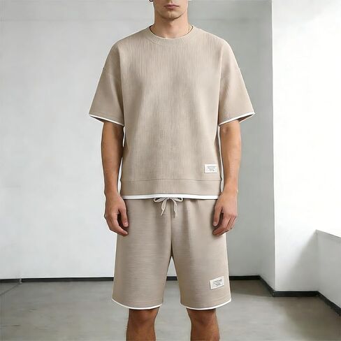 Men's 2 Piece Waffle Knit Lounge Set - Short Sleeve Top and Drawstring Shorts for Casual, Sleep, and Loungewear in Saudi Arabia
