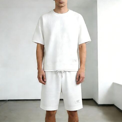 Men's 2 Piece Waffle Knit Lounge Set - Short Sleeve Top and Drawstring Shorts for Casual, Sleep, and Loungewear in Saudi Arabia