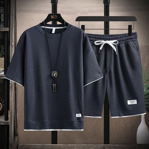 Men's 2 Piece Waffle Knit Lounge Set - Short Sleeve Top and Drawstring Shorts for Casual, Sleep, and Loungewear in Saudi Arabia