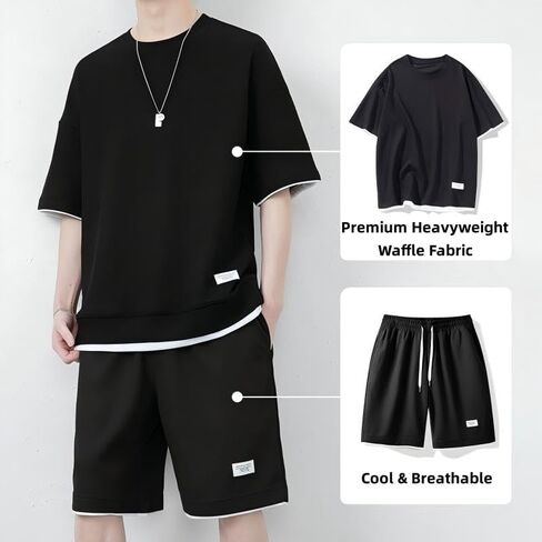 Men's 2 Piece Waffle Knit Lounge Set - Short Sleeve Top and Drawstring Shorts for Casual, Sleep, and Loungewear in Saudi Arabia