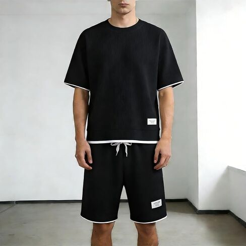 Men's 2 Piece Waffle Knit Lounge Set - Short Sleeve Top and Drawstring Shorts for Casual, Sleep, and Loungewear in Saudi Arabia