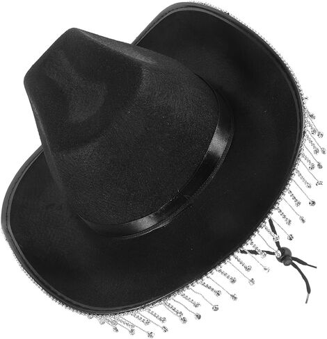 BESPORTBLE Cowgirl Hat for Women with Rhinestone Tassel Fringe, Black Western Wide Brim Hat for Bridal Party and Costume in Saudi Arabia