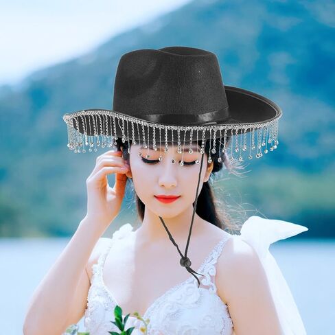 BESPORTBLE Cowgirl Hat for Women with Rhinestone Tassel Fringe, Black Western Wide Brim Hat for Bridal Party and Costume in Saudi Arabia