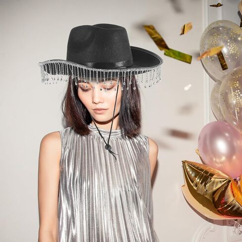 BESPORTBLE Cowgirl Hat for Women with Rhinestone Tassel Fringe, Black Western Wide Brim Hat for Bridal Party and Costume in Saudi Arabia