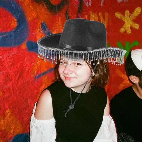 BESPORTBLE Cowgirl Hat for Women with Rhinestone Tassel Fringe, Black Western Wide Brim Hat for Bridal Party and Costume in Saudi Arabia