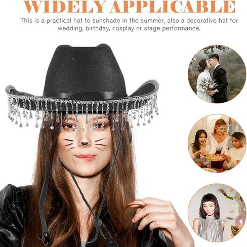 BESPORTBLE Cowgirl Hat for Women with Rhinestone Tassel Fringe, Black Western Wide Brim Hat for Bridal Party and Costume in Saudi Arabia