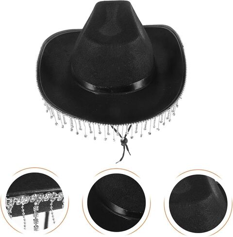 BESPORTBLE Cowgirl Hat for Women with Rhinestone Tassel Fringe, Black Western Wide Brim Hat for Bridal Party and Costume in Saudi Arabia