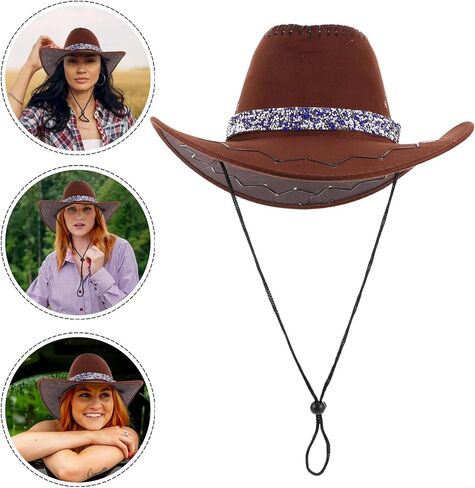 Cowboy Hat with Sparkling Rhinestone and 6 Adjustable Western Hat Bands for Women Sun Shade Outdoor Party Accessory Multi in Saudi Arabia