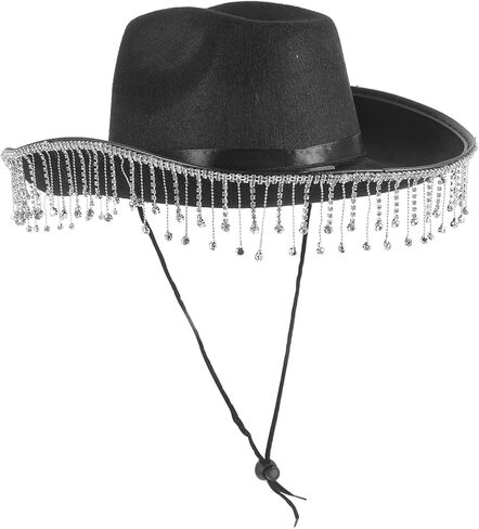 Cowgirl Hat for Women Wide Brim Western Rhinestone Tassel Black Wedding Bride Hat for Bridal Party in Saudi Arabia