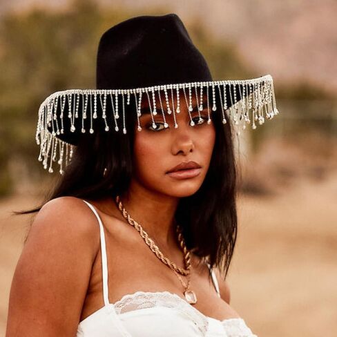 Cowgirl Hat for Women Wide Brim Western Rhinestone Tassel Black Wedding Bride Hat for Bridal Party in Saudi Arabia