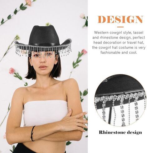 Cowgirl Hat for Women Wide Brim Western Rhinestone Tassel Black Wedding Bride Hat for Bridal Party in Saudi Arabia