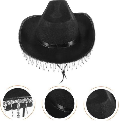 Cowgirl Hat for Women Wide Brim Western Rhinestone Tassel Black Wedding Bride Hat for Bridal Party in Saudi Arabia