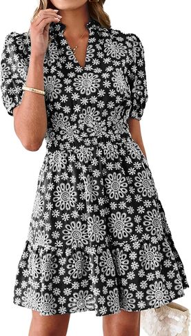 BerryGo Womens Summer Eyelet Mini Dress Beach Casual Embroidery Lace Puff Short Sleeve V Neck Boho Party Short Dresses in Saudi Arabia