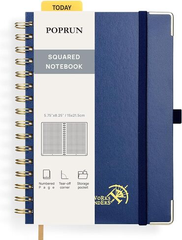 POPRUN Graph Paper Spiral Journal Notebook, [A5-5.75'' x 8.25''] - 120 GSM Thick Paper, 141 Numbered Pages, Grid Notebooks for Men & Women with Pocket, Index Tabs, 8 Perforated Sheets, Light Pink in Saudi Arabia
