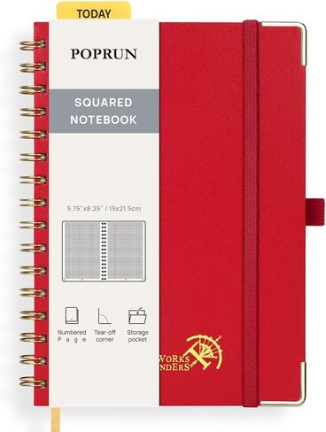 POPRUN Graph Paper Spiral Journal Notebook, [A5-5.75'' x 8.25''] - 120 GSM Thick Paper, 141 Numbered Pages, Grid Notebooks for Men & Women with Pocket, Index Tabs, 8 Perforated Sheets, Light Pink in Saudi Arabia