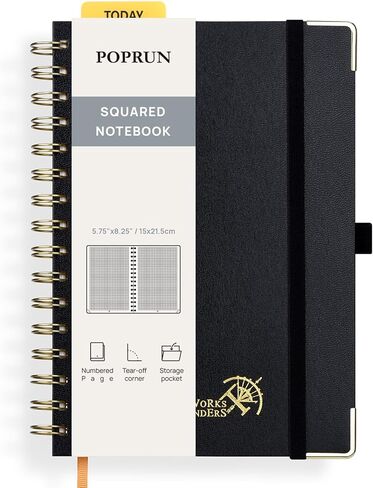 POPRUN Graph Paper Spiral Journal Notebook, [A5-5.75'' x 8.25''] - 120 GSM Thick Paper, 141 Numbered Pages, Grid Notebooks for Men & Women with Pocket, Index Tabs, 8 Perforated Sheets, Light Pink in Saudi Arabia