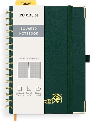 POPRUN Graph Paper Spiral Journal Notebook, [A5-5.75'' x 8.25''] - 120 GSM Thick Paper, 141 Numbered Pages, Grid Notebooks for Men & Women with Pocket, Index Tabs, 8 Perforated Sheets, Light Pink in Saudi Arabia