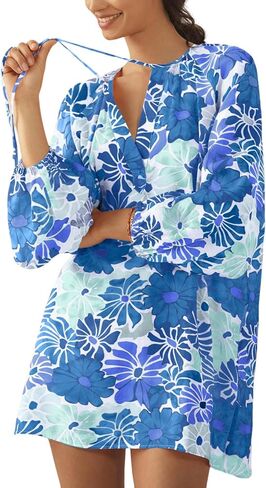 Boho Floral Tunic Dress for Women Long Sleeve Loose Fit Summer Vacation Cover Up Short Dress in Saudi Arabia