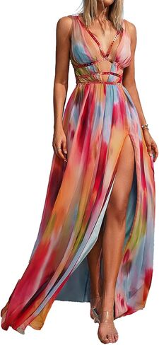 BELLA BARNETT Boho Dress Deep V Chiffon Dress Maxi Garden Party Dress Elegant Dress Loose Vacation Dress in Saudi Arabia