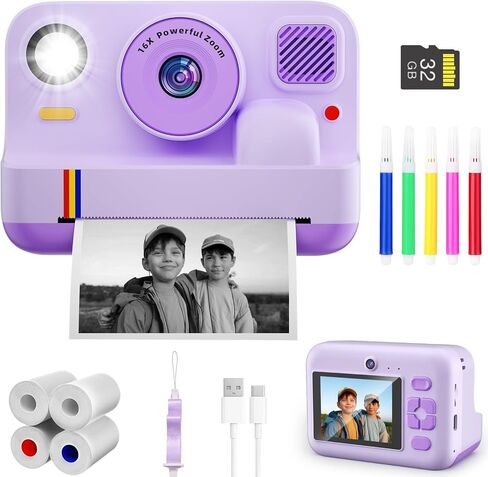 Instant Print Camera for Kids, App Printing, 1080P Video, Dual-Lens Selfie Digital Camera with 32G SD, Christmas Birthday Gifts for Girls Boys 4 5 6 7 8 9 10 11 12 Year Old, Portable Toddler Toy in Saudi Arabia