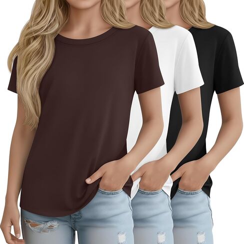 3 Pack Girls' Short Sleeve Shirts Kids Basic Crew Neck Soft Tunics Curve Hem Summer Casual Tops 5-14 Years in Kuwait
