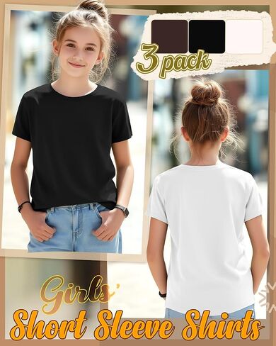 3 Pack Girls' Short Sleeve Shirts Kids Basic Crew Neck Soft Tunics Curve Hem Summer Casual Tops 5-14 Years in Kuwait