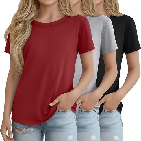 3 Pack Girls' Short Sleeve Shirts Kids Basic Crew Neck Soft Tunics Curve Hem Summer Casual Tops 5-14 Years in Kuwait