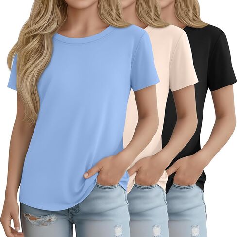 3 Pack Girls' Short Sleeve Shirts Kids Basic Crew Neck Soft Tunics Curve Hem Summer Casual Tops 5-14 Years in Kuwait