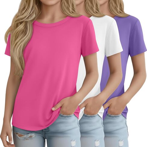 3 Pack Girls' Short Sleeve Shirts Kids Basic Crew Neck Soft Tunics Curve Hem Summer Casual Tops 5-14 Years in Kuwait
