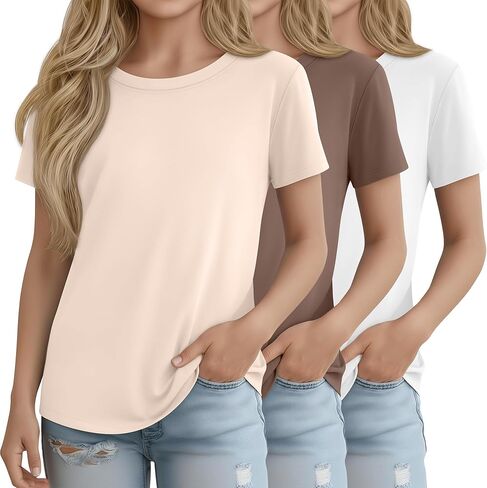 3 Pack Girls' Short Sleeve Shirts Kids Basic Crew Neck Soft Tunics Curve Hem Summer Casual Tops 5-14 Years in Kuwait