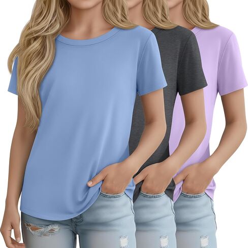 3 Pack Girls' Short Sleeve Shirts Kids Basic Crew Neck Soft Tunics Curve Hem Summer Casual Tops 5-14 Years in Kuwait
