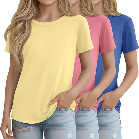 3 Pack Girls' Short Sleeve Shirts Kids Basic Crew Neck Soft Tunics Curve Hem Summer Casual Tops 5-14 Years in Kuwait