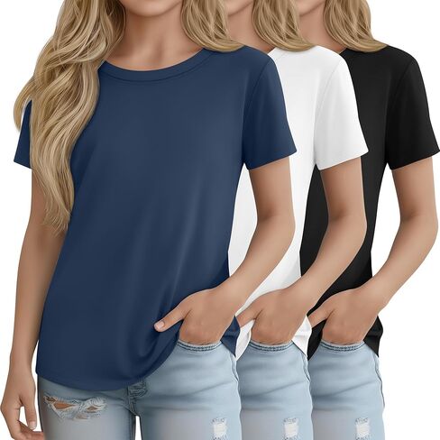 3 Pack Girls' Short Sleeve Shirts Kids Basic Crew Neck Soft Tunics Curve Hem Summer Casual Tops 5-14 Years in Kuwait