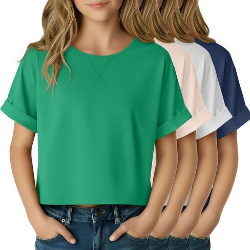 4 Pack Girls Oversized Crop Tops Rolled Short Sleeve Crew Neck T Shirts Casual Basic Tees 5-14 Years in Saudi Arabia