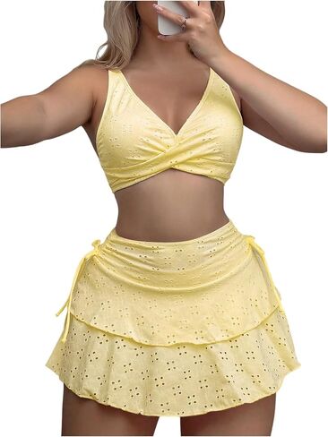 SweatyRocks Women's 3 Piece Swimsuit Twist Front Eyelet Embroidery Bikini Sets with Beach Skirt in Saudi Arabia
