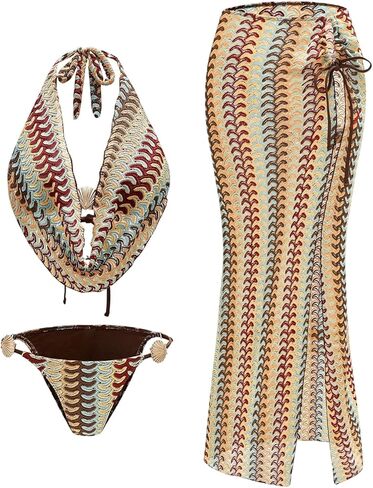 Verdusa Women's 3 Piece Boho Chevron Halter Bikini Set Cheeky Swimsuit with Cover Up Skirt in Saudi Arabia