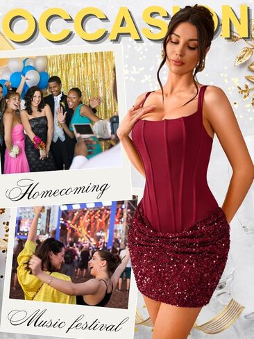 Kaei&Shi Sequin Mini Dresses,Square Neck Lace Up Corset Top Dress,Sparkly Homecoming Birthday Party Outfits in Saudi Arabia
