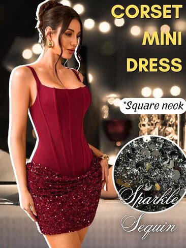 Kaei&Shi Sequin Mini Dresses,Square Neck Lace Up Corset Top Dress,Sparkly Homecoming Birthday Party Outfits in Saudi Arabia