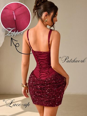 Kaei&Shi Sequin Mini Dresses,Square Neck Lace Up Corset Top Dress,Sparkly Homecoming Birthday Party Outfits in Saudi Arabia