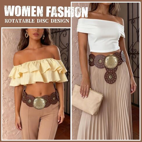 Western Leather Belts for Women Boho Waist Belt Cowgirl Disc Belts for Dress in Kuwait