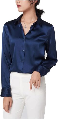 CLC Women's Satin Silk Long Sleeve Button Down Shirt Formal Work Blouse in Kuwait
