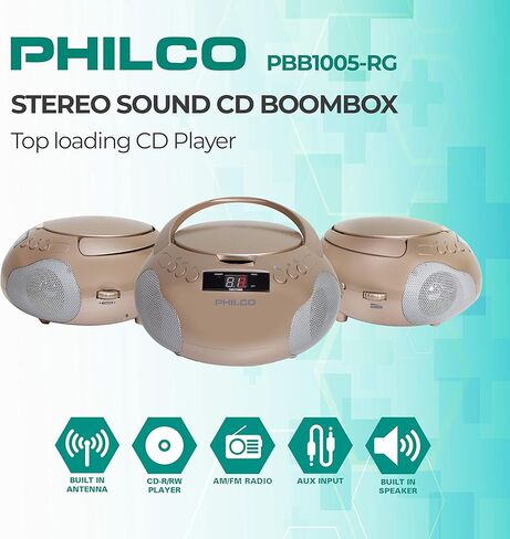مشغل الأقراص المضغوطة المحمول من Philco مع مكبرات صوت وراديو AM FM | صندوق بوم أسود متوافق مع أقراص CD-R/CD-RW والأقراص الصوتية المضغوطة | مدخل ايه يو اكس 3.5 ملم | صوت ستيريو | شاشة LED | تعمل بالتيار المتردد/البطارية (متجددة) in Saudi Arabia
