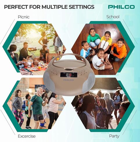 مشغل الأقراص المضغوطة المحمول من Philco مع مكبرات صوت وراديو AM FM | صندوق بوم أسود متوافق مع أقراص CD-R/CD-RW والأقراص الصوتية المضغوطة | مدخل ايه يو اكس 3.5 ملم | صوت ستيريو | شاشة LED | تعمل بالتيار المتردد/البطارية (متجددة) in Saudi Arabia